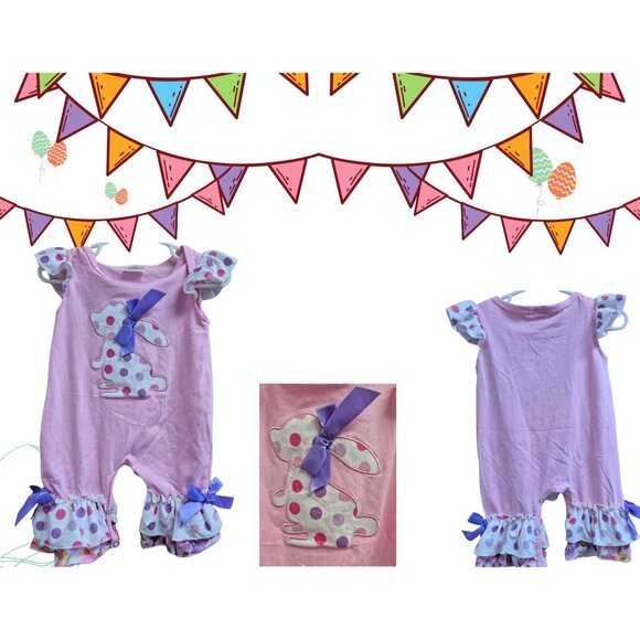 Pink Baby Girl Romper With Polka Dot Bunny Applique & Bows Ruffle Sleeves & Bott - Picture 1 of 8